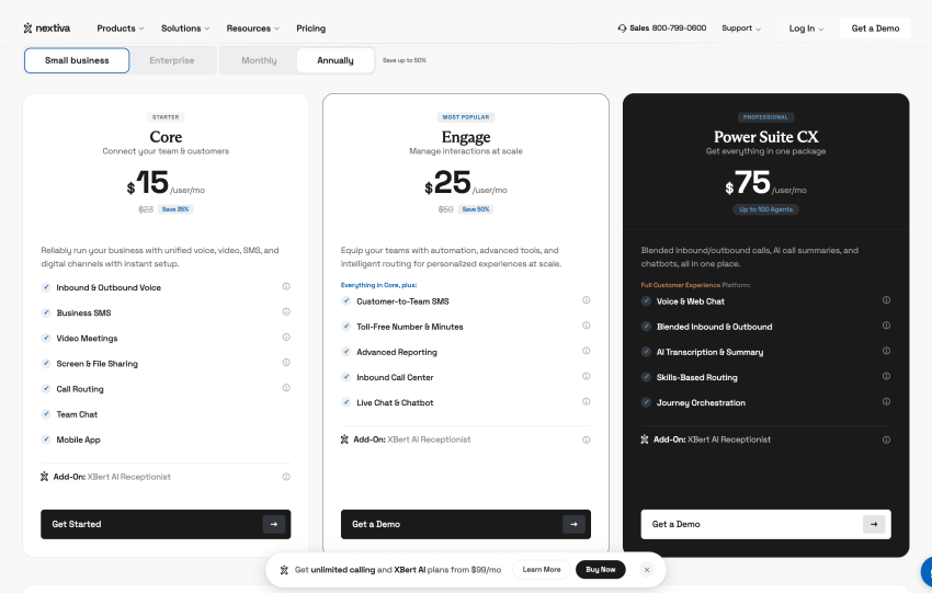 Nextiva pricing plans: Core $15, Engage $25, Power Suite CX $75