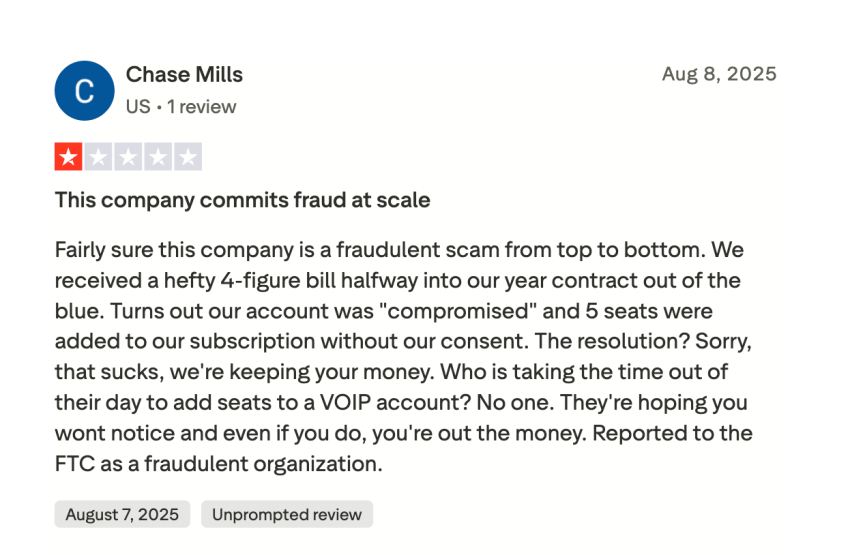 Aircall user review on Trustpilot says that this company commits fraud at scale