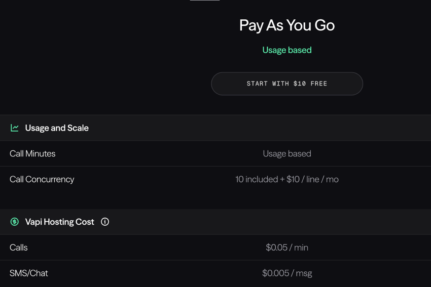 Vapi pay as you go pricing model