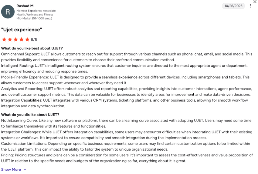 Positive G2 UJET review, but user dislikes the less intuitive portal for advanced reporting, complex configuration, and customization limits.