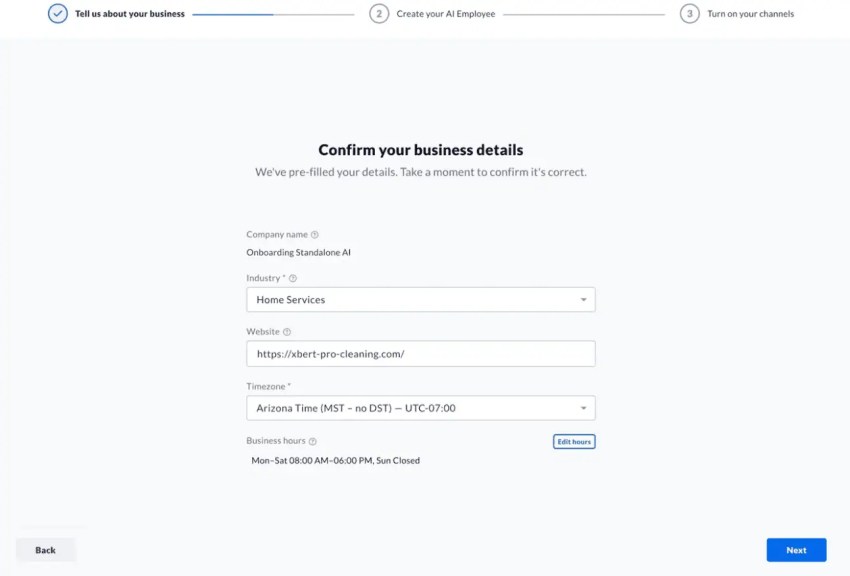 Confirm your business details, like industry, services, hours
