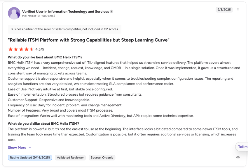 G2 user review - BMC Helix