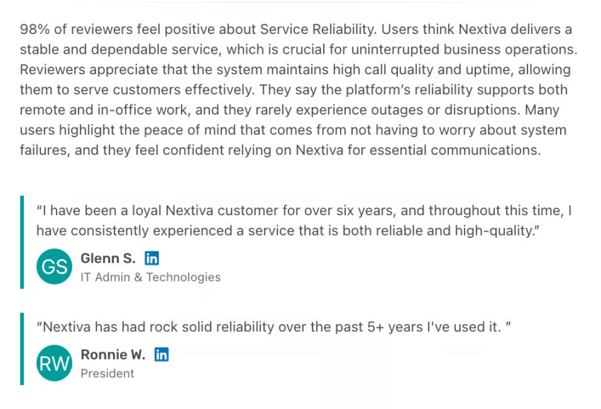 Nextiva customers find the platform highly reliable and dependable, according to GetApp customer reviews.