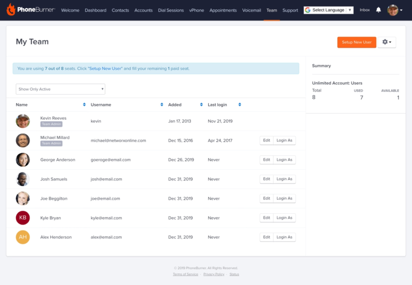 PhoneBurner outbound calling software dashboard