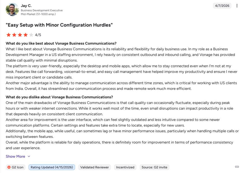 4-star user review of Vonage on G2: Easy setup with minor configuration hurdles