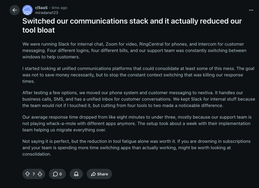 r/SaaS reddit thread says about Nextiva: Switched our communications stack and it actually reduced our tool bloat; saw internal response times drop from eight minutes to under three.