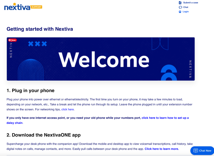 Screenshot of Getting Started with Nextiva page