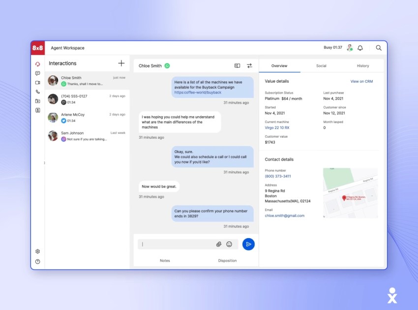 8x8 Agent Workspace screenshot with a customer chat and full details.
