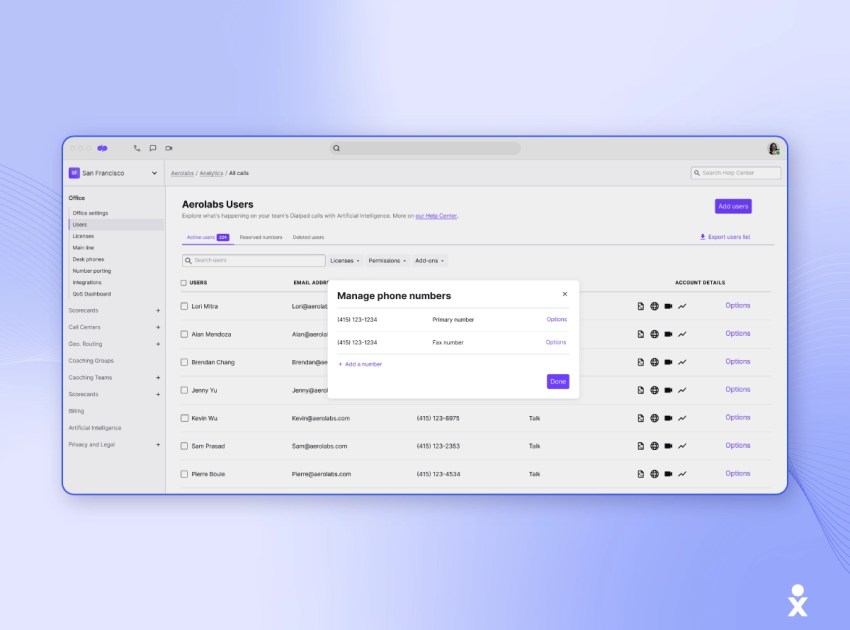 Dialpad dashboard with a phone number management pop-up.