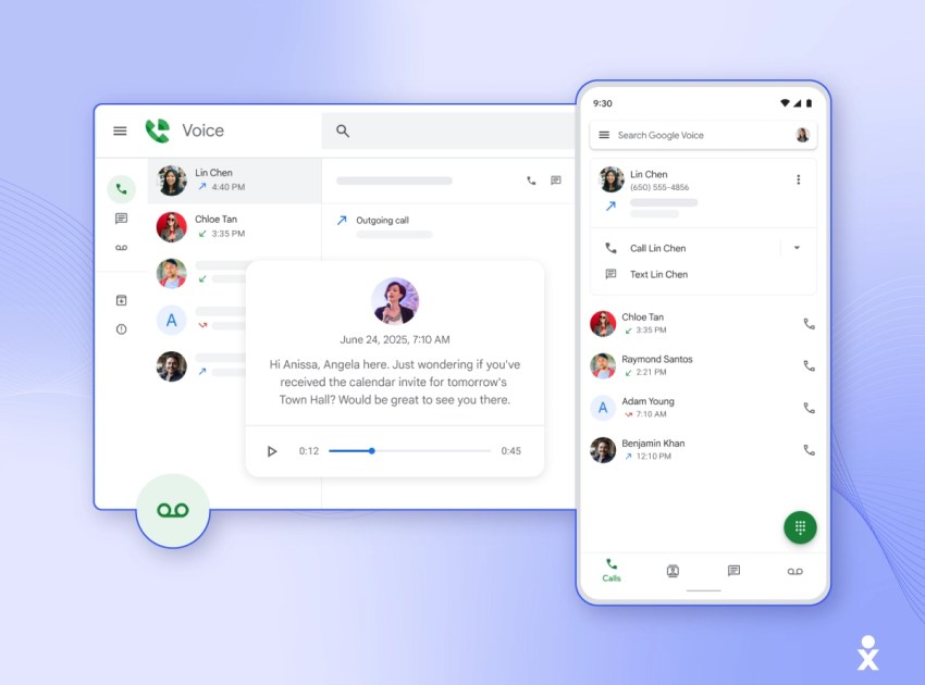 Google Voice interfaces on desktop and mobile, showing call history and voicemail transcription.
