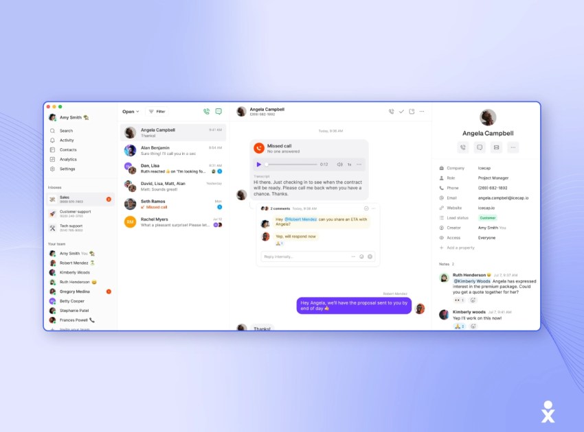 OpenPhone desktop app screenshot with conversation threads, internal notes, and contact details.