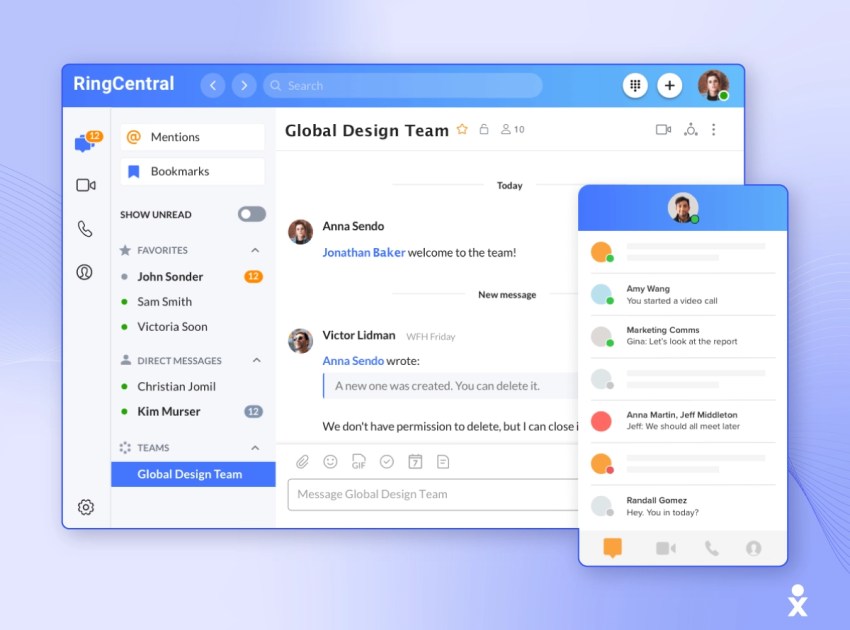 RingCentral software screenshot with team messaging and a side chat window.