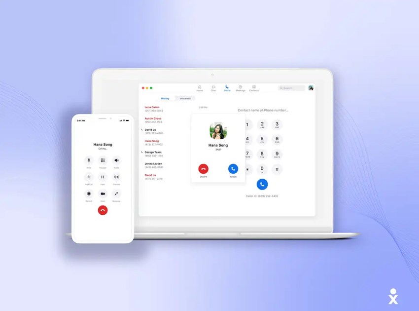 Zoom desktop and mobile apps showing an active call with call options and a dial pad.