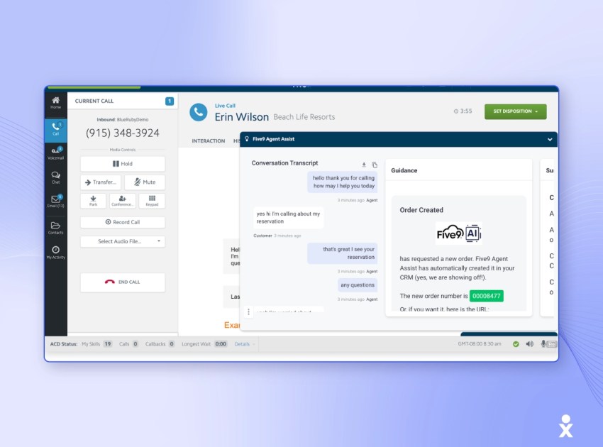 A Five9 interface screenshot shows a live call with transcript, guidance, and AI order tools in healthcare call center software.