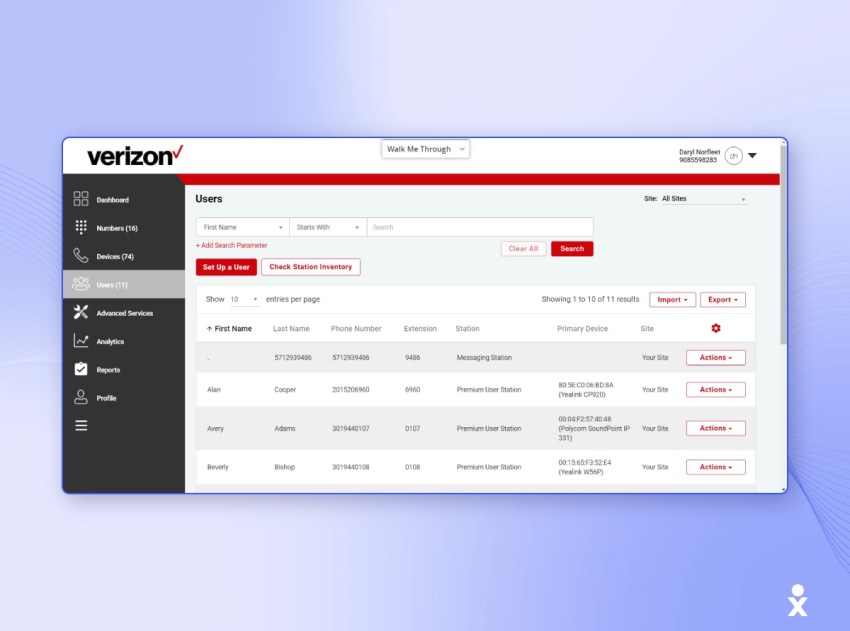 Verizon web portal for managing users and devices, showing phone details.