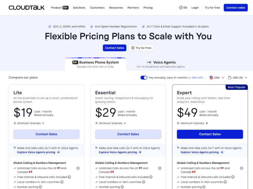 Cloudtalk pricing page