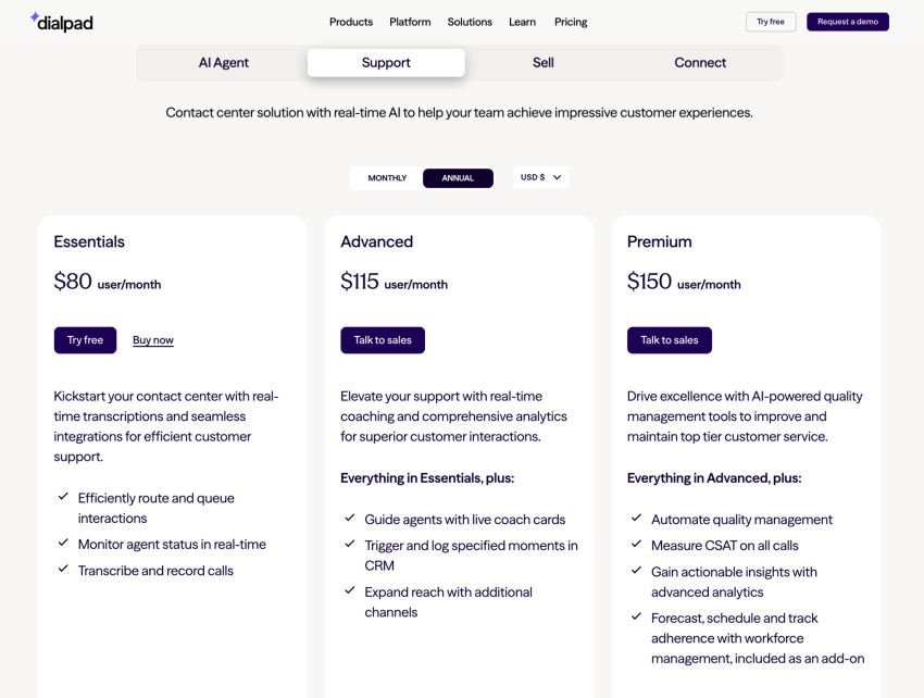 Dialpad Support plans and pricing: Essentials, Advanced, Premium