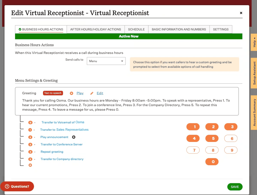 Ooma - screenshot to edit virtual receptionist