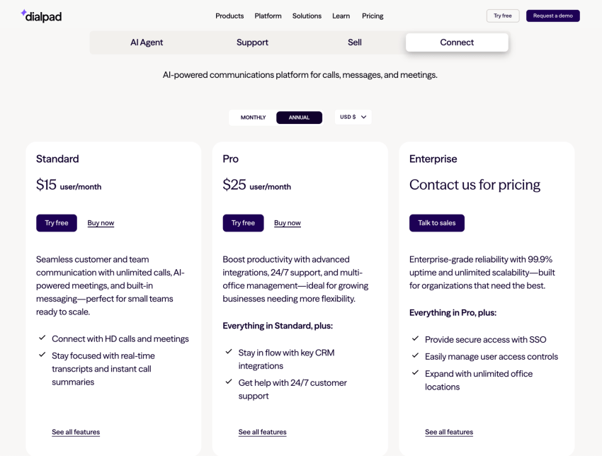 Dialpad Connect plans and pricing: Standard, Pro, Enterprise