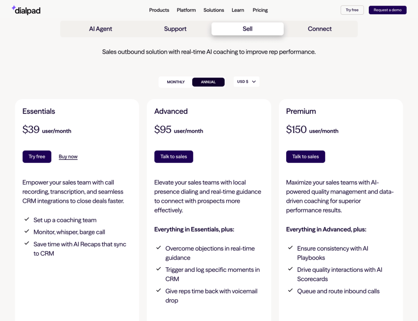 Dialpad Sell plans and pricing: Essentials, Advanced, Premium