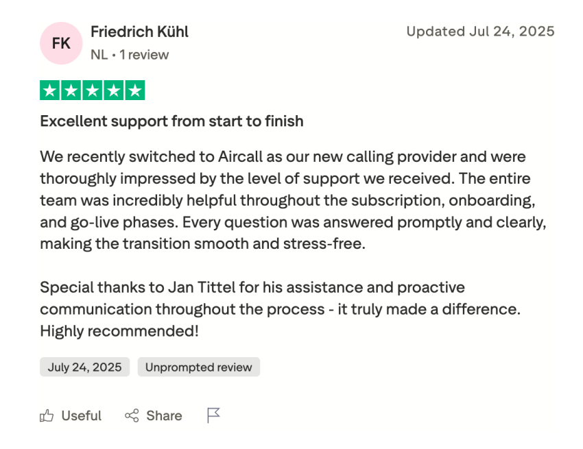 Aircall user review on Trustpilot says excellent support from start to finish. 