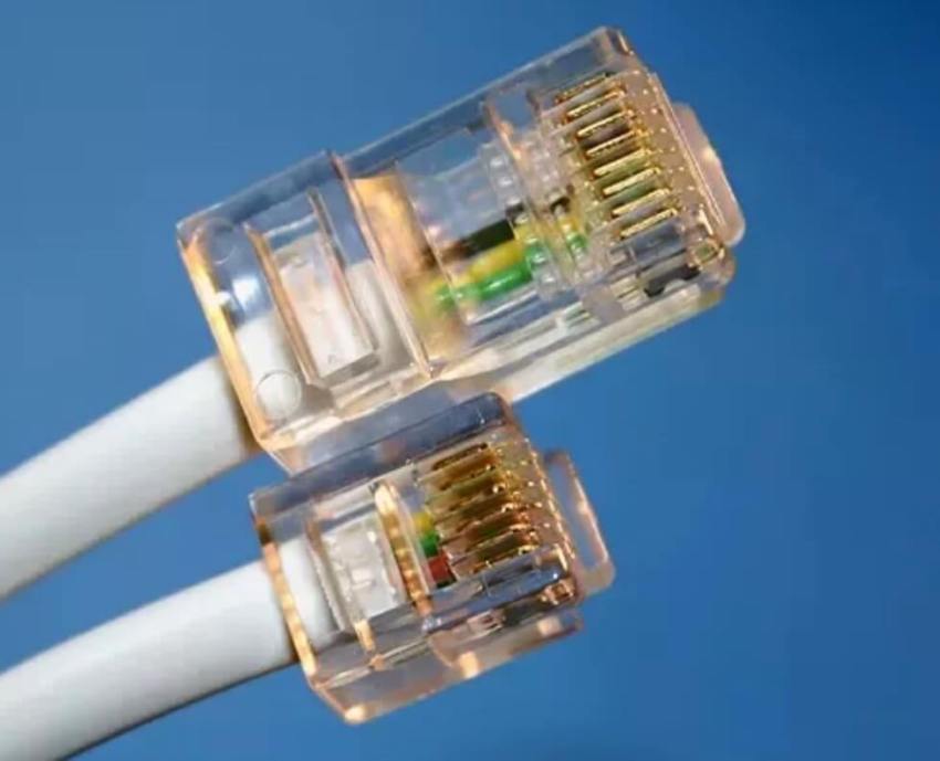 RJ-45 vs. RJ-11 Connectors - Ethernet is on the top, and telephone wire is below.