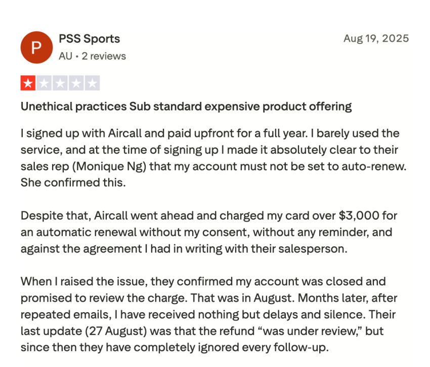 Aircall user review on Trustpilot says unethical practices and sub-standard expensive product