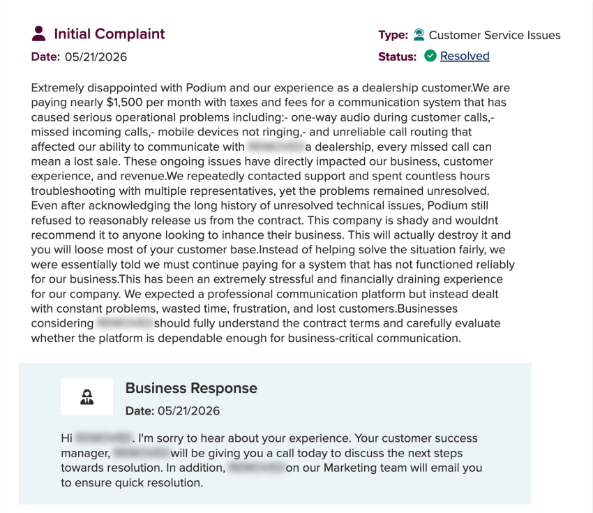 Customer complaint about Podium on Better Business Bureau: auto-renewal even after trying to cancel