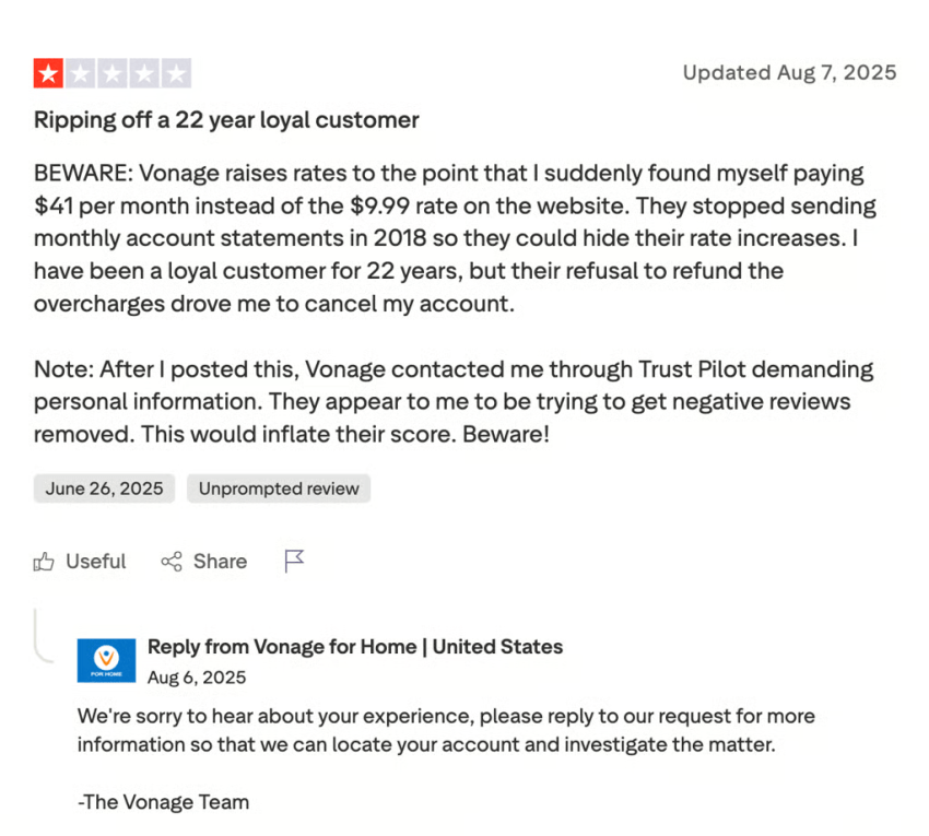 1-star Vonage customer review on Trustpilot: Ripping off a 22 year loyal customer