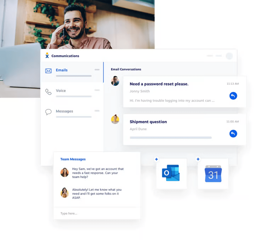 Nextiva user interface showing email conversation with customer who needs a password reset.