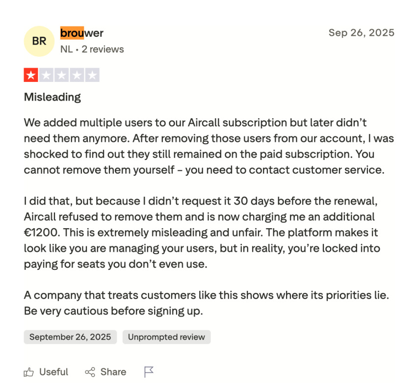 Aircall user review on Trustpilot - misleading and unfair charges 