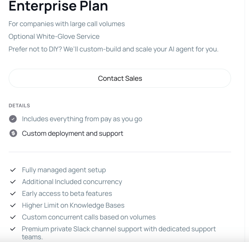Enterprise pricing plan from RetellAI