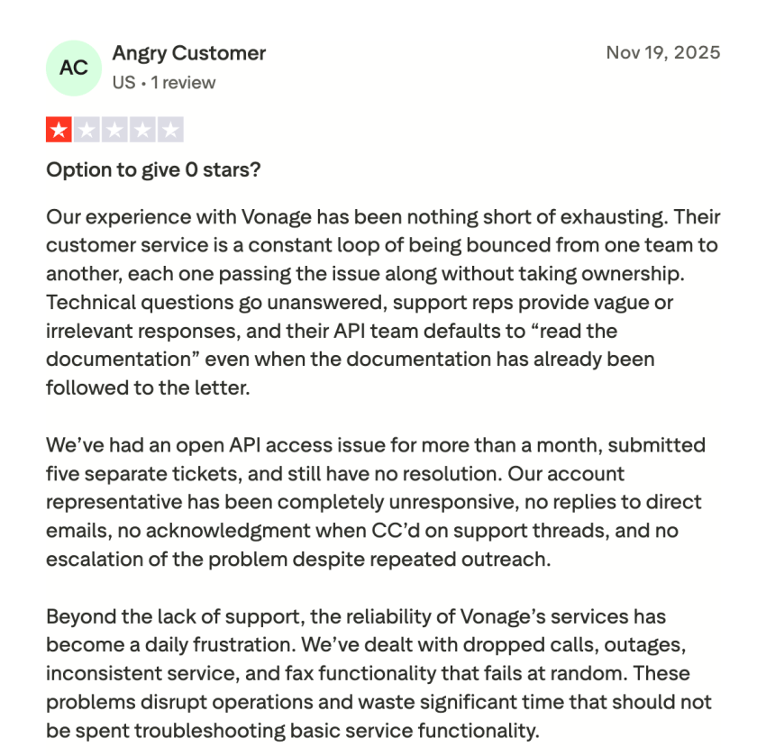 1-star user review of Vonage on Trustpilot: Option to give it 0 stars?