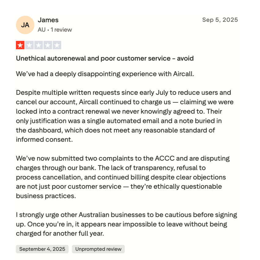 Aircall user review on Trustpilot - unethical auto-renewal and poor customer service