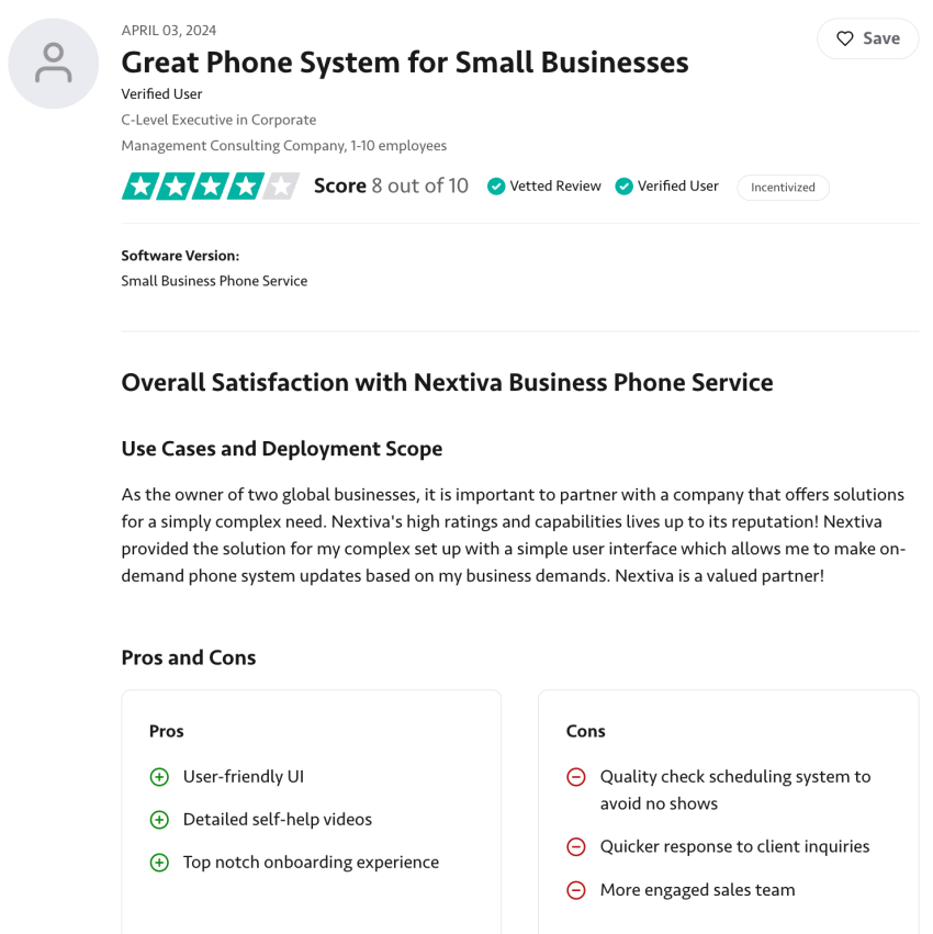 4-star customer review on TrustRadius of Nextiva: Nextiva provided the solution for my complex set up with a simple user interface!