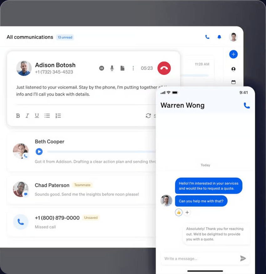 Screenshot of all communications screen in Nextiva