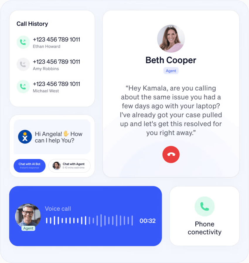 Unified call view showing call history, live agent context, and voice activity in one dashboard.