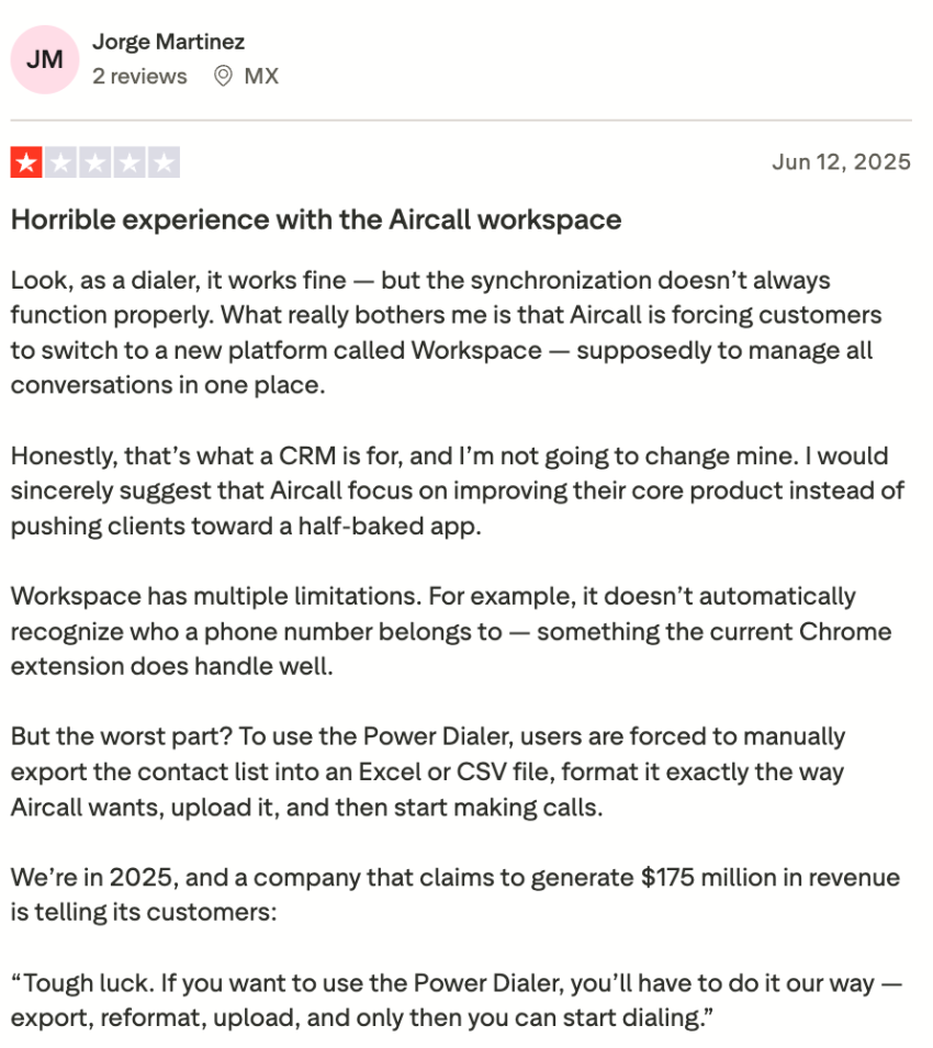 One-star Aircall user review on Trustpilot - horrible experience with the Aircall workspace