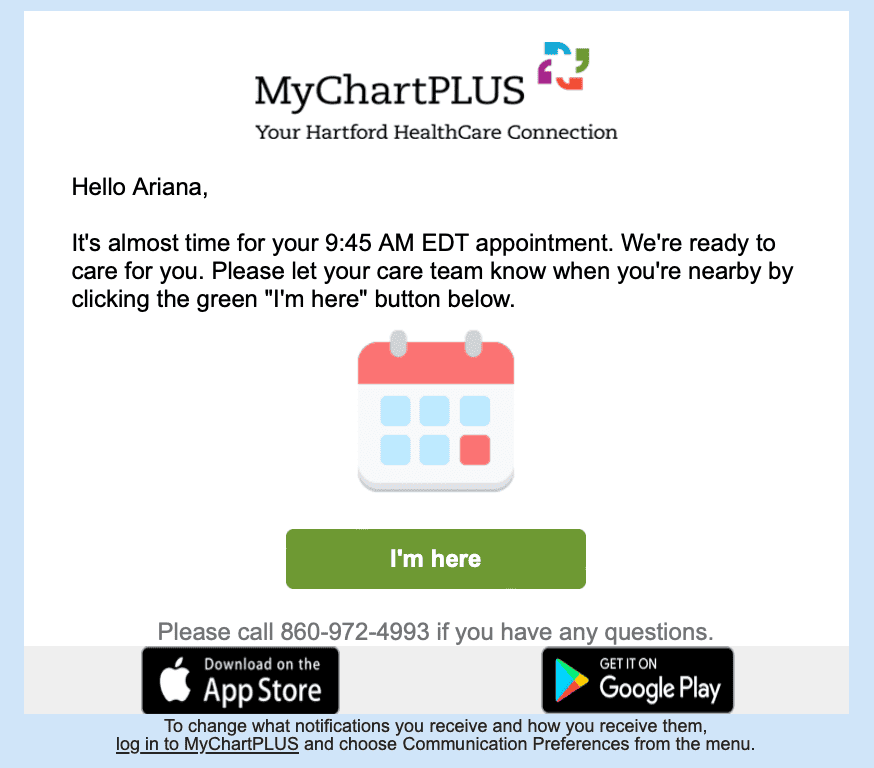MyChartPlus appointment reminder