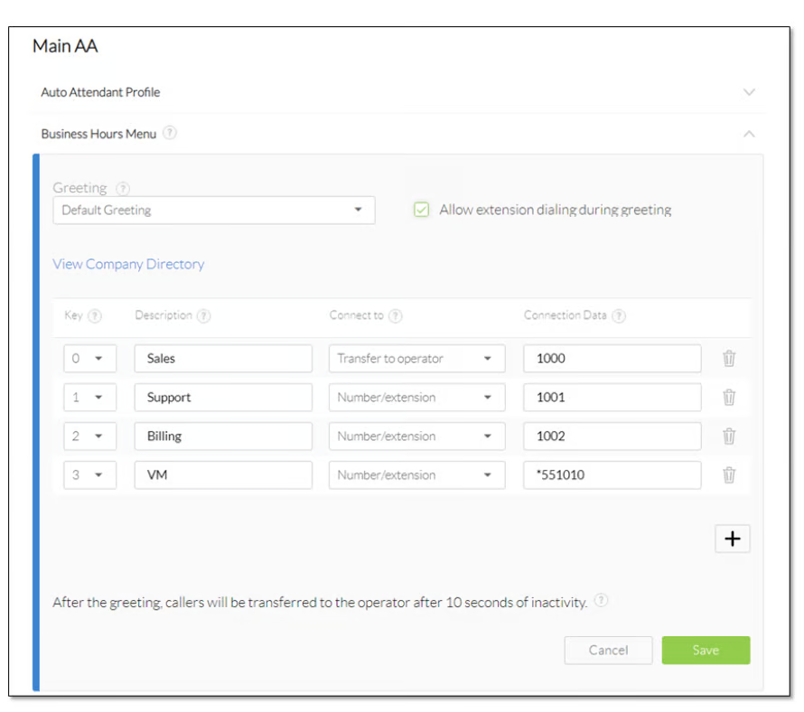 Auto attendant profile
