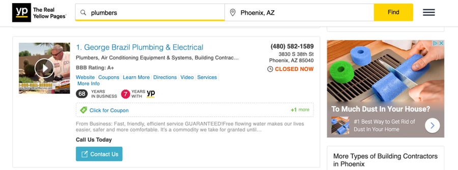 Yellow page business listing example for a plumber in Phoenix