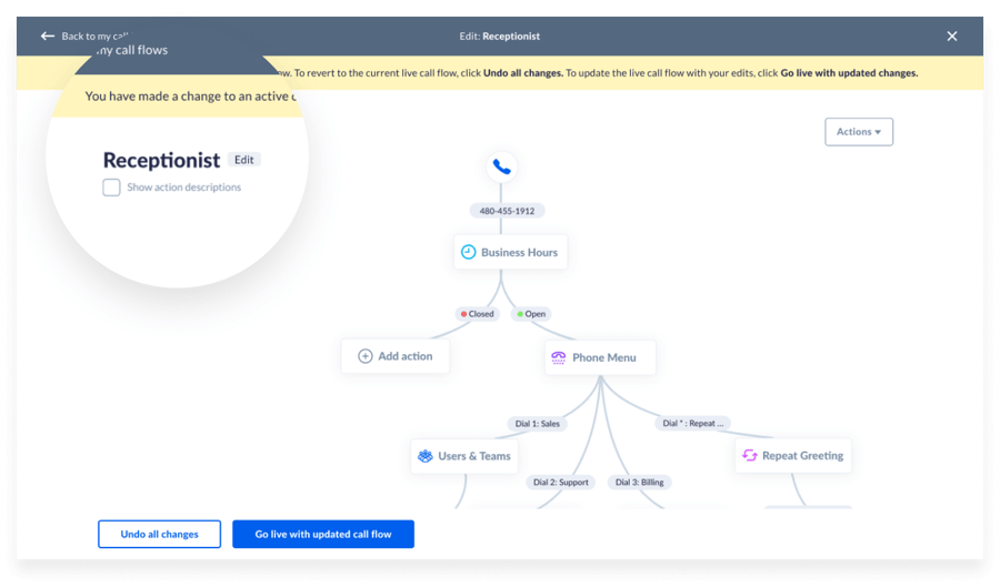 Screenshot of changing call flows in Nextiva