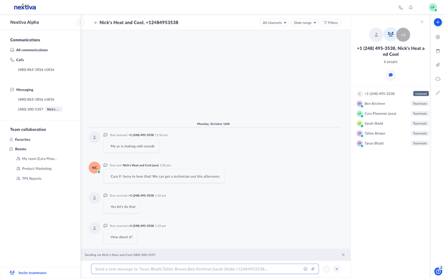 Nextiva's messaging dashboard screenshot
