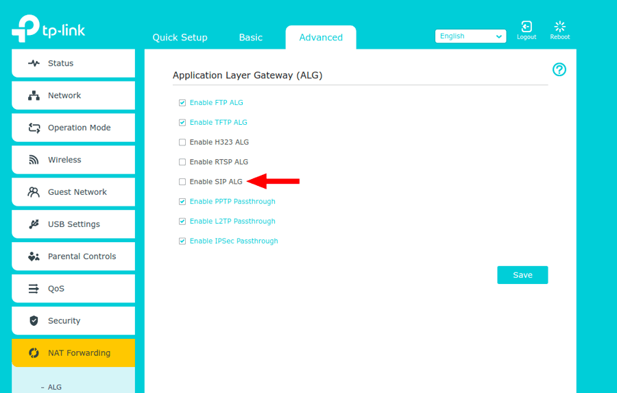 Disabling SIP ALG (TP-Link Archer A9).

