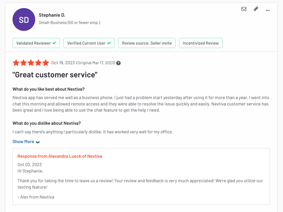 An example of positive Nextiva reviews