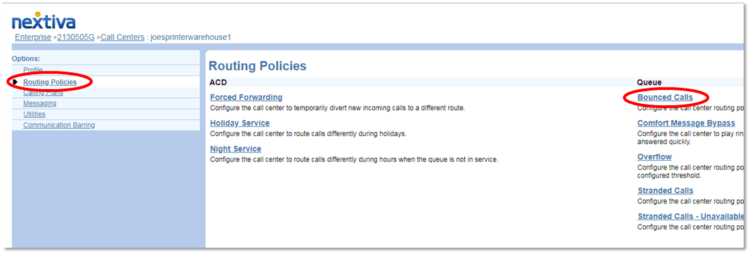 Nextiva Call Center Bounced Calls Selection