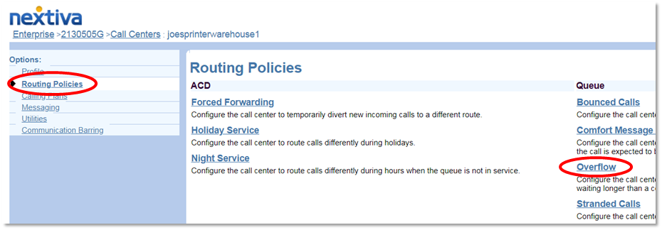Nextiva Call Center Routing Navigation to Overflow